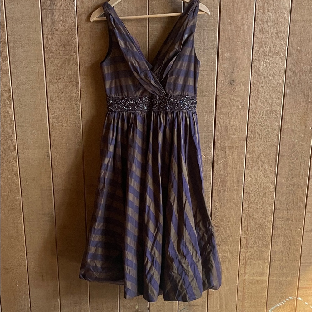 Rickie Freeman for Teri Jon Purple and Brown Striped Midi Dress, 100% silk.